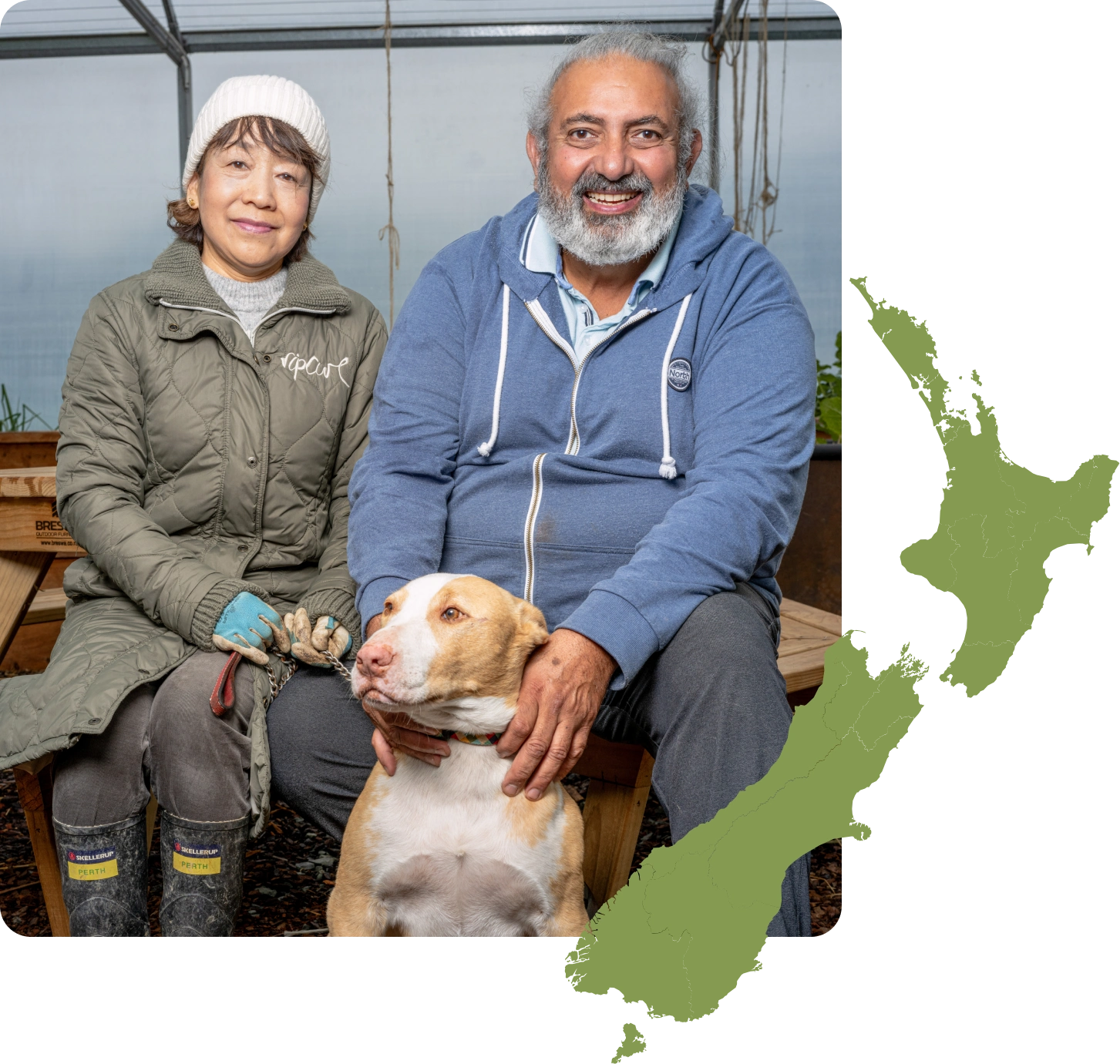 ZEAL founder Harjit Sidhu with a dog, alongside a map of New Zealand