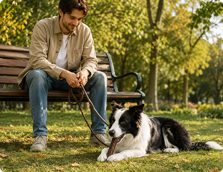 A man rewarding a border collie beside a park bench