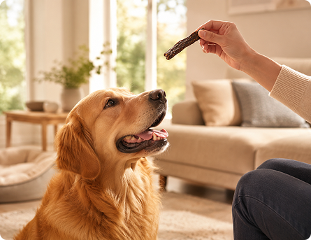 A golden retriever waiting for a treat during training
